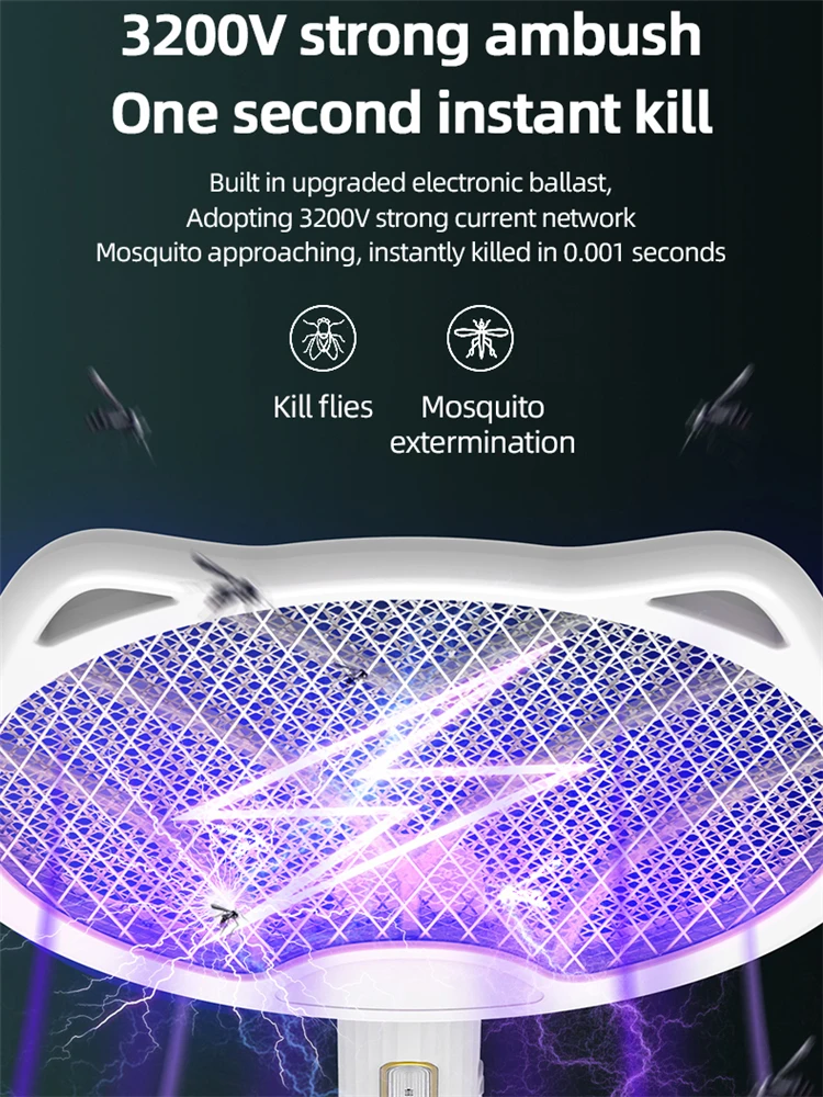 Raqueta plegable que mata mosquitos, matamoscas eléctrico recargable, matamoscas ajustable, lámpara alimentada por Mosquitos