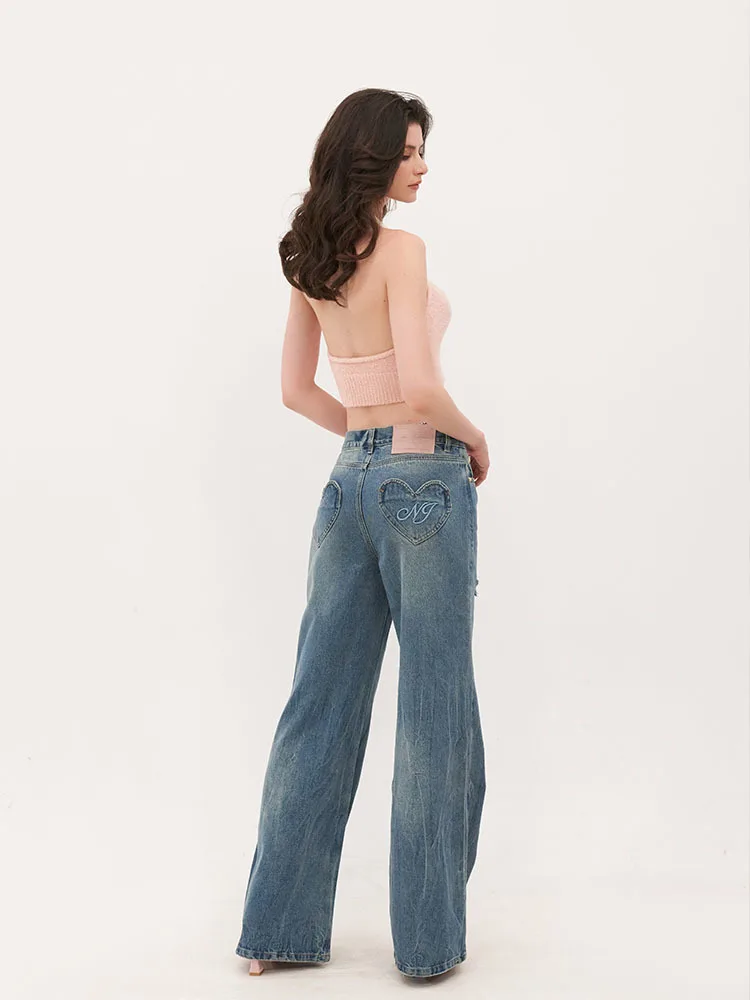 Women jeans High waisted worn-out straight leg wide leg denim pants Vintage Love Pattern