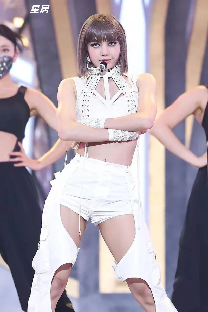 Kpop Korean Women Singer Hip Hop Jazz Dance Outfits Sexy Hollow Out Halter Vest Crop Tops Loose Straight Jeans Y2K Stage Costume