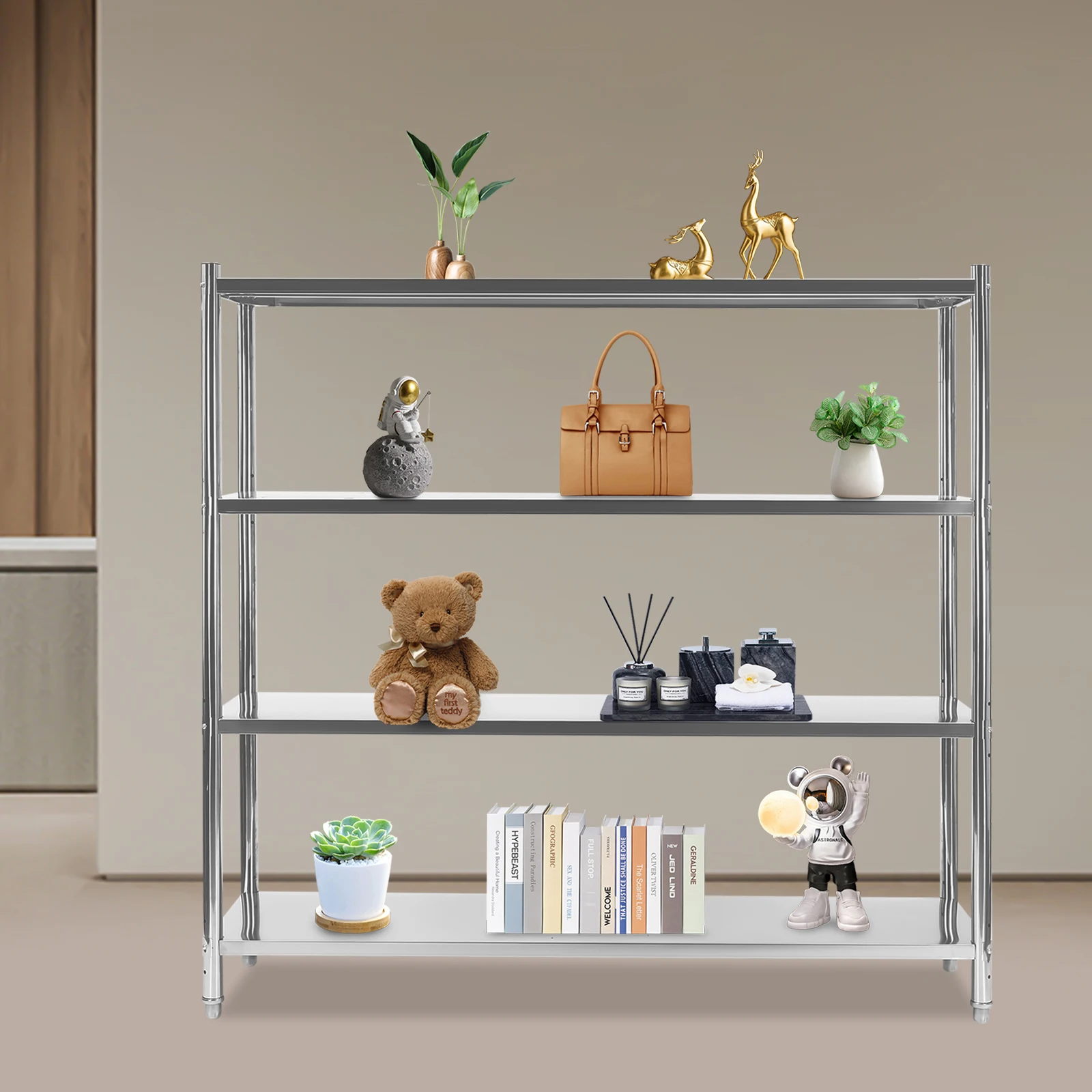 

4-ярусный стеллаж из нержавеющей стали, сверхпрочная регулируемая коммерческая полка для хранения для супермаркетов, библиотек и розничной торговли