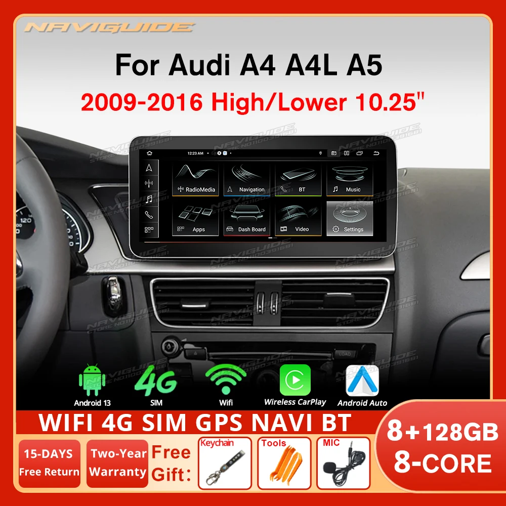 

NAVIGUIDE 10,25-дюймовый Android 12 для Audi A4 A4L A5 LHD RHD 2009-2016, автомобильный радиоприемник 8 + 128G, стерео Bluetooth Carplay, мультимедийный плеер