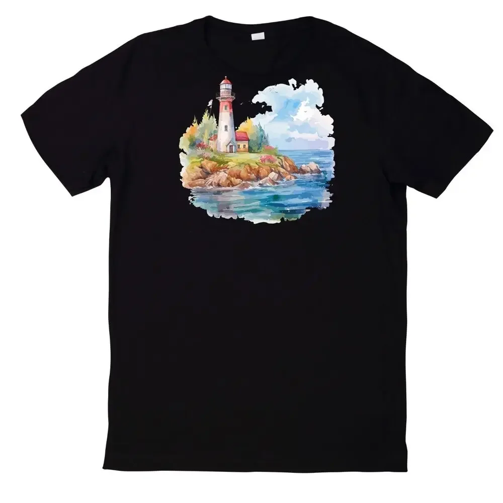 Cotton Watercolor Lighthouse T-Shirt  High Quality 100%Cotton Short Sleeve