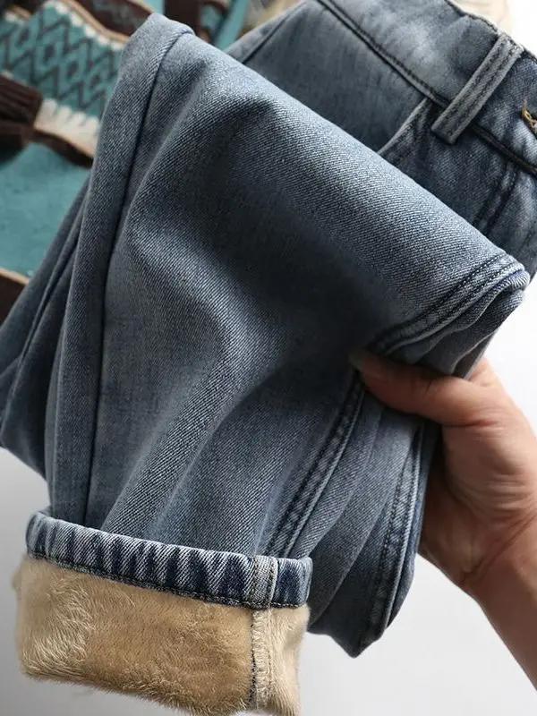 

Джинсы-харем больших размеров с флисовой подкладкой, винтажные, прямого кроя, из денима, осенне-зимние, повседневные, свободные, прямые, в стиле «папины джинсы»