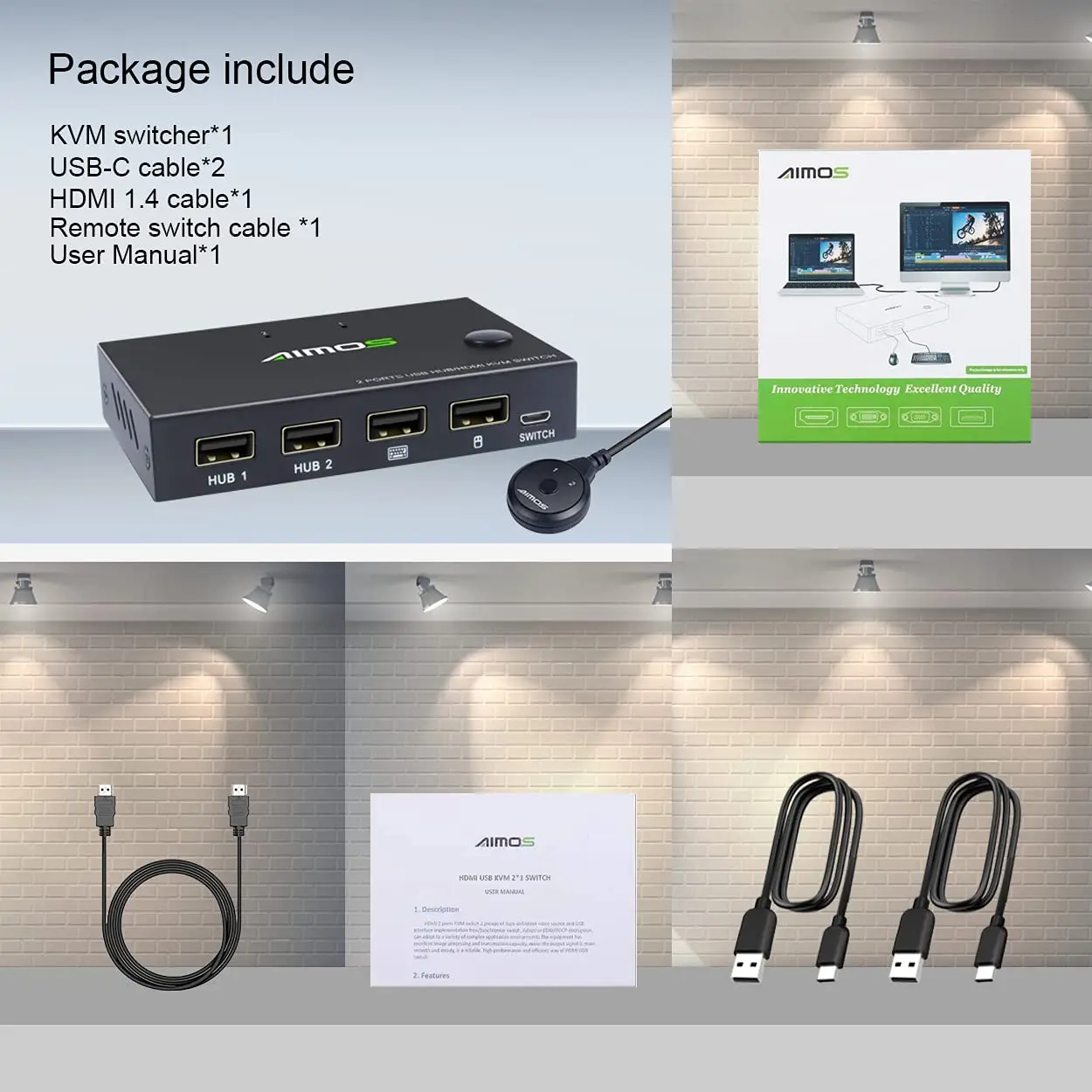 AIMOS USB HDMI KVM Switch, 2 Port KVM Switcher 4K @ 30HZ, untuk 2 Komputer Berbagi Monitor HD, Mouse Keyboard