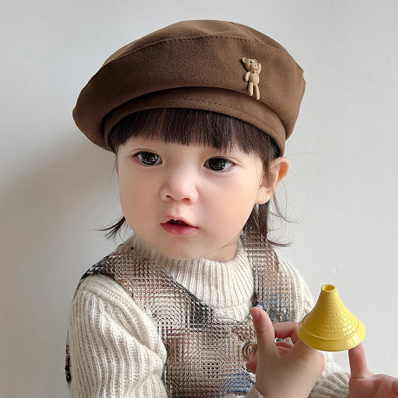 Kids Beret Solid Color Pumpkin Hat Warm Thin Wool Cartoon Bear Hat Autumn Winter Children Girls Beret Children Accessories