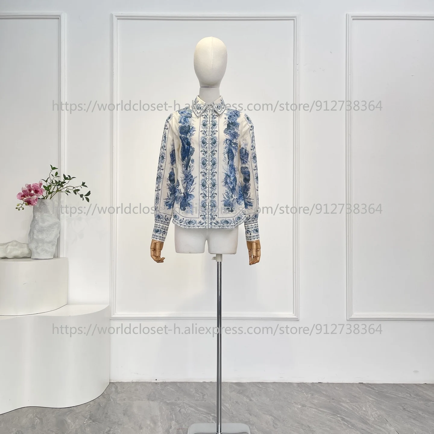 

2025 Women Navy Blue Ruyi Floral Print Long Sleeve Blouse Tops and Midi Skirt Set Cotton