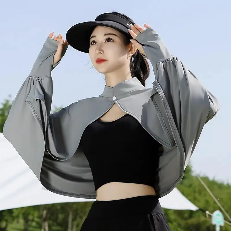 Long Sleeve Ice Silk Shawl Sunscreen Cloak for Summer Beach Use