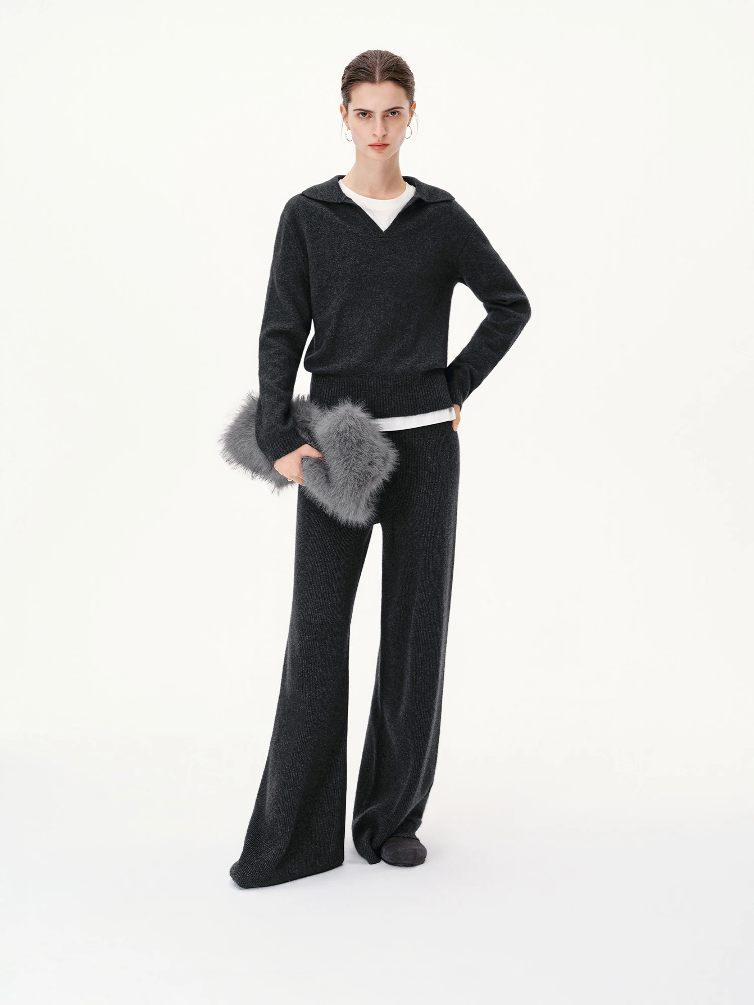 FSLE Women's Korean Lazy Style Polo Collar V-neckline Pullover Knit Set Cozy Matching Two-Piece Outfit New Arrival Winter 2026