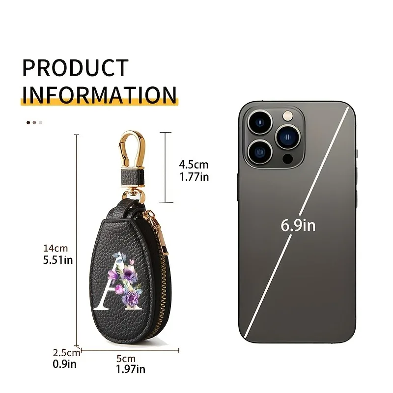 Universal Protective Cover for White Letter A-Z Lychee Pattern Keys, PU Leather Keychain Wallet, Zipper Bag, Car Key Storage Bag