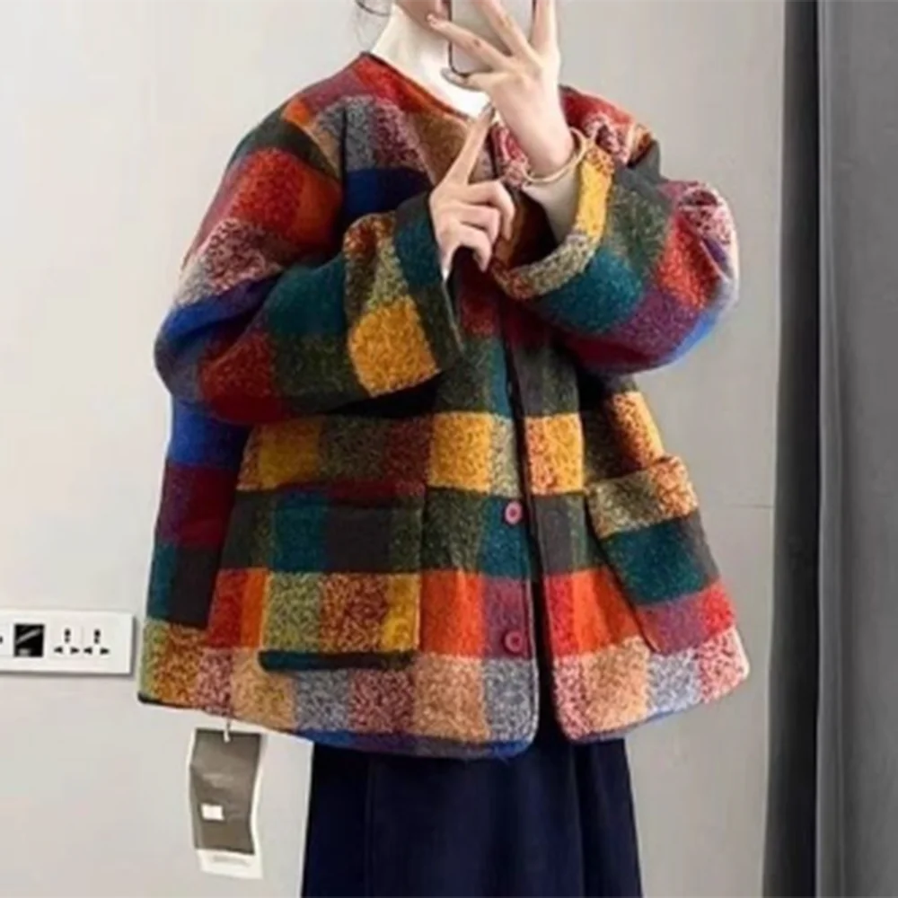 Padded jacket autumn and winter with Korean retro niche color plaid warm woolen coat British style   harajuku