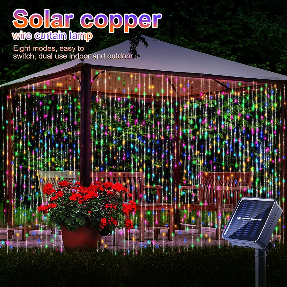 Outdoor Solar Curtain Light 3x3M 300Leds Holiday Decorations Garland 8 Modes Halloween Christmas Party Decor String Lights