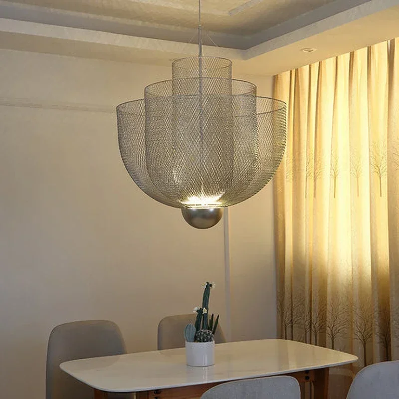 Modern Dimmable LED Ceiling Chandelier Metal Grid Meshmatics Design Pendant Light Dining Hanging Lamp