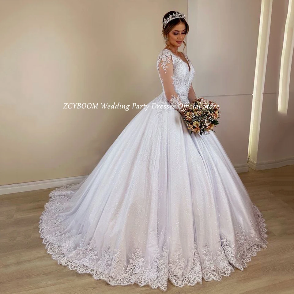 Customized White V-Neck Long Sleeves Lace Appliques Wedding Dress 2024 Ball Gown Sweep Train Floor Length Lace Up Bridal Gown