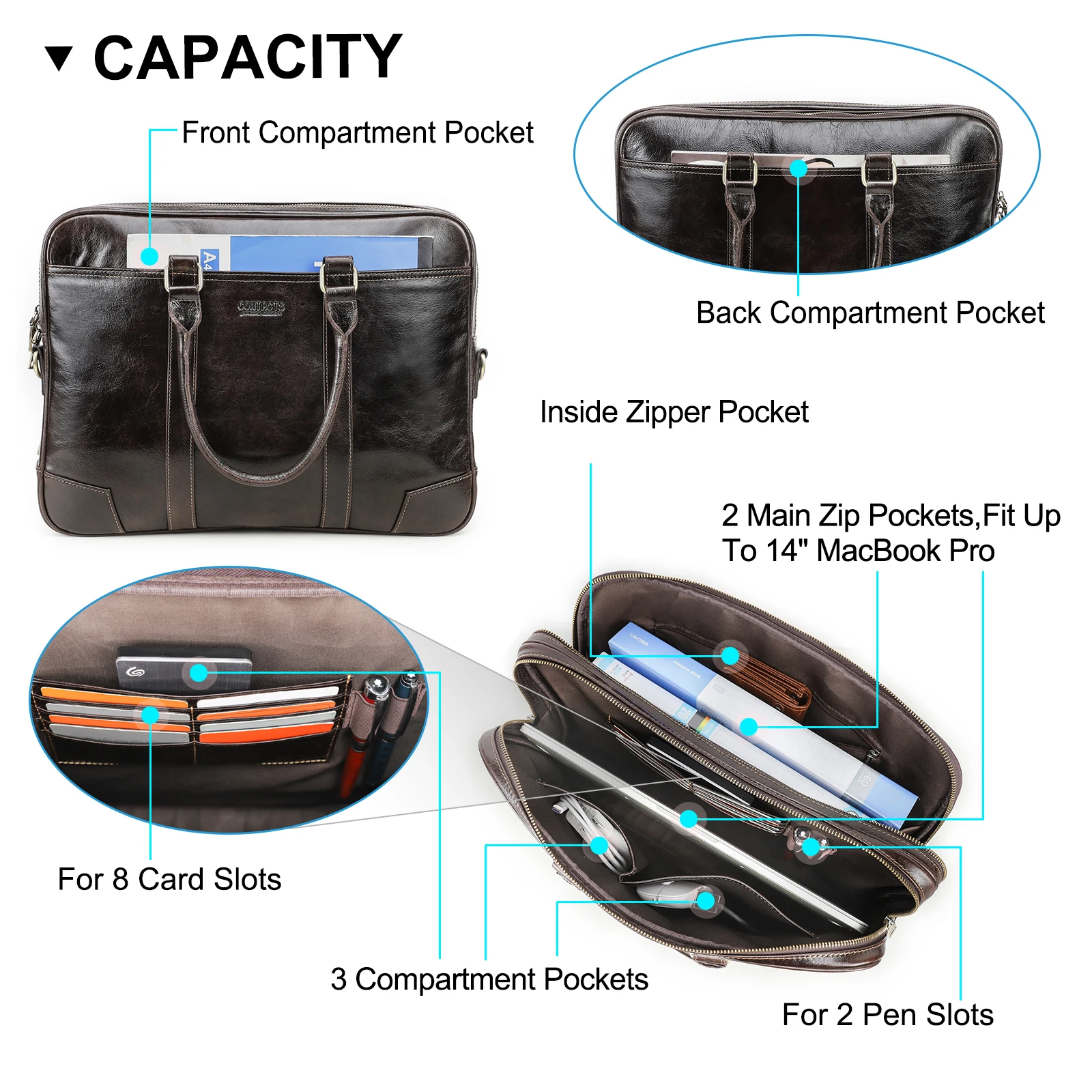 Bolsos de negocios de cuero genuino de CONTACT'S para hombre, maletín, bolso de hombro de alta calidad, bolso grande para ordenador portátil para Macbook Pro de 14"