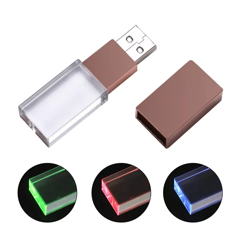 크리스탈 USB 플래시 드라이브, 블루 LED 펜 드라이브, 32GB 실버 Gloden 메모리 스틱, 16GB, 크리에이티브 선물 U 디스크, 그린 LED 펜드라이브, 8GB, 64GB 