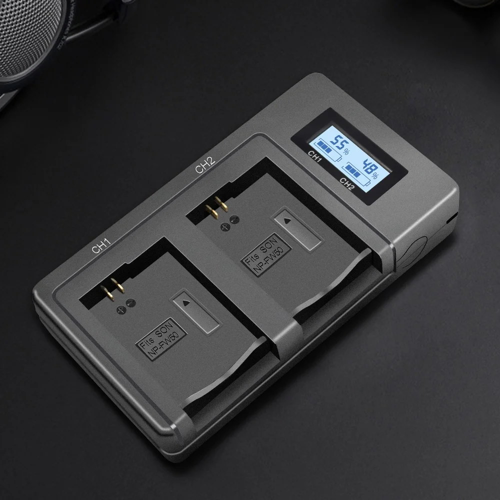 Mcoplus NP-FW50 LCD cargador de batería Dual para Sony A7 A7II A7R A7RII A7S A7SII A6000 A6400 A6100 A6300 A6500 NEX-3 NEX-5 ZV-E10