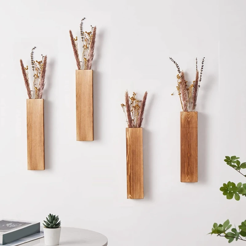 4 Pack Wall Planters For Indoor Plants, Wood Wall Decor For Bedroom Living Room, Farmhouse Wooden Pocket Wall Vases