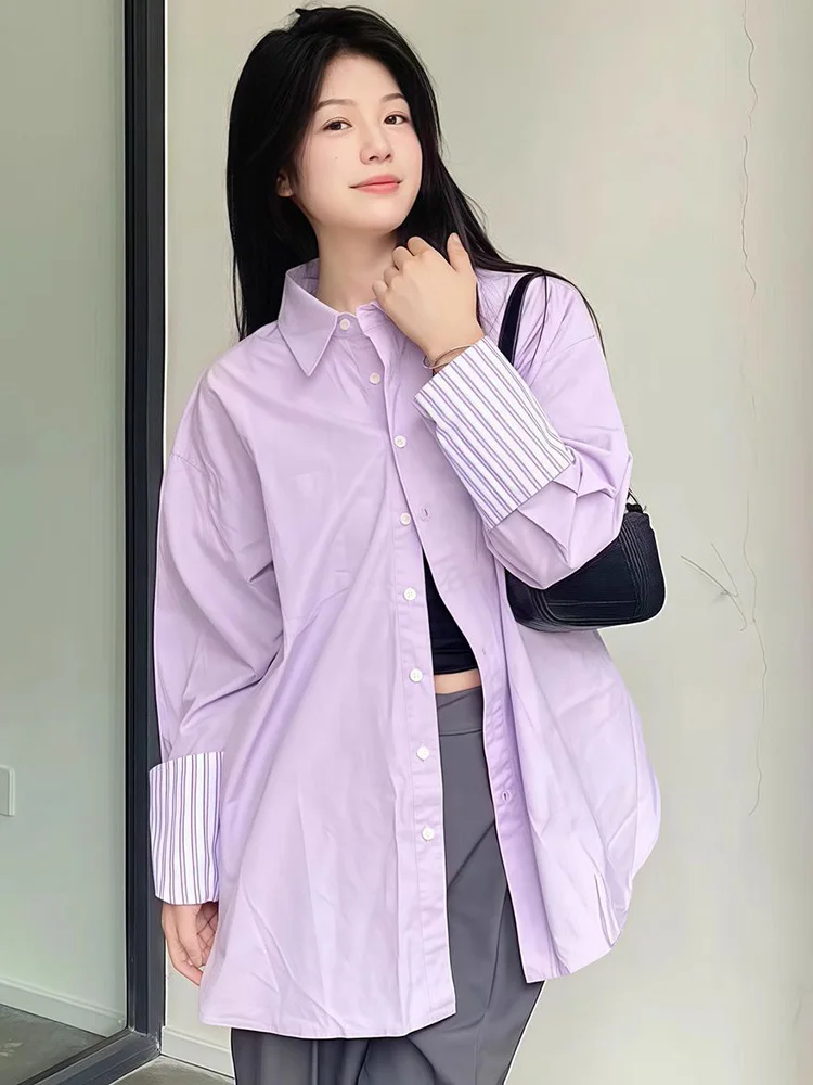 Elegante camisa roxa feminina manga longa vintage doce blusa coreano casual listrado retalhos feminino todos os jogos primavera outono topos