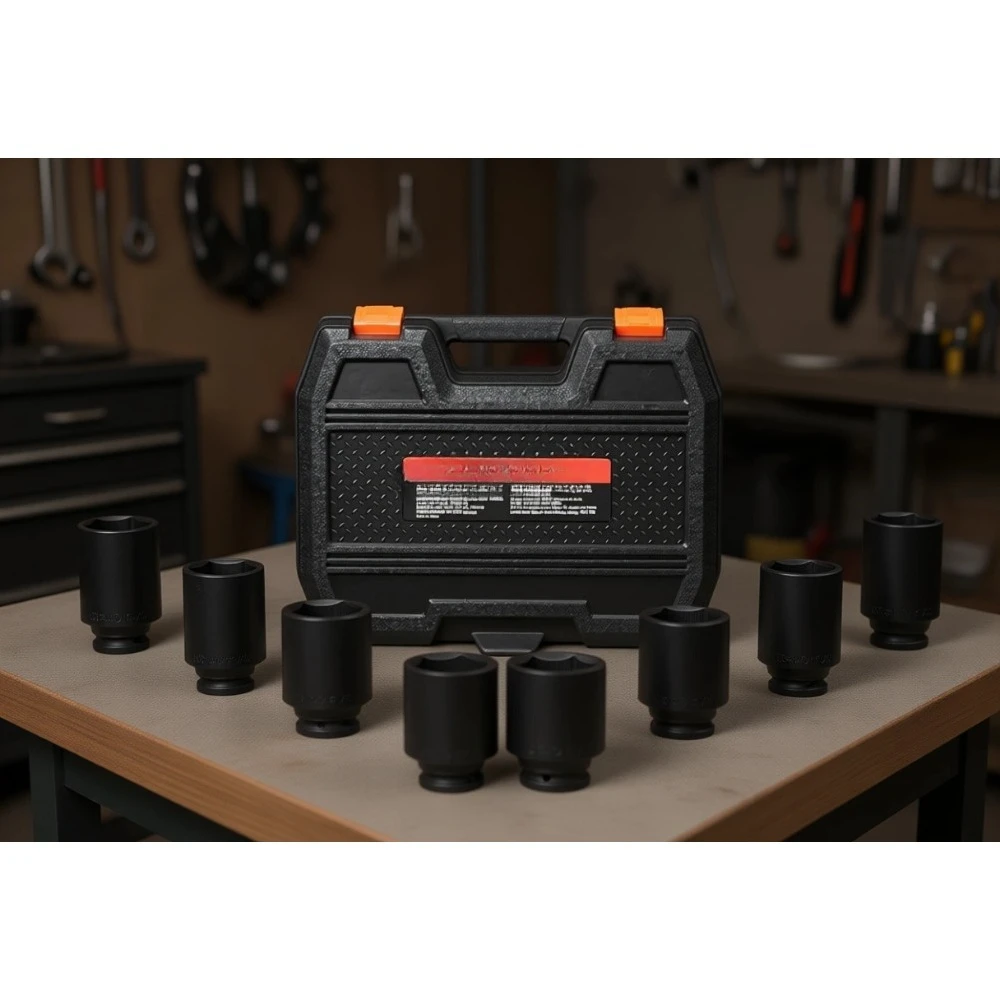 

8pc 12-pt deep impact spindle sockets ½" drive CR-MO heat-treated metric set w/ case for auto axle nut removal/install