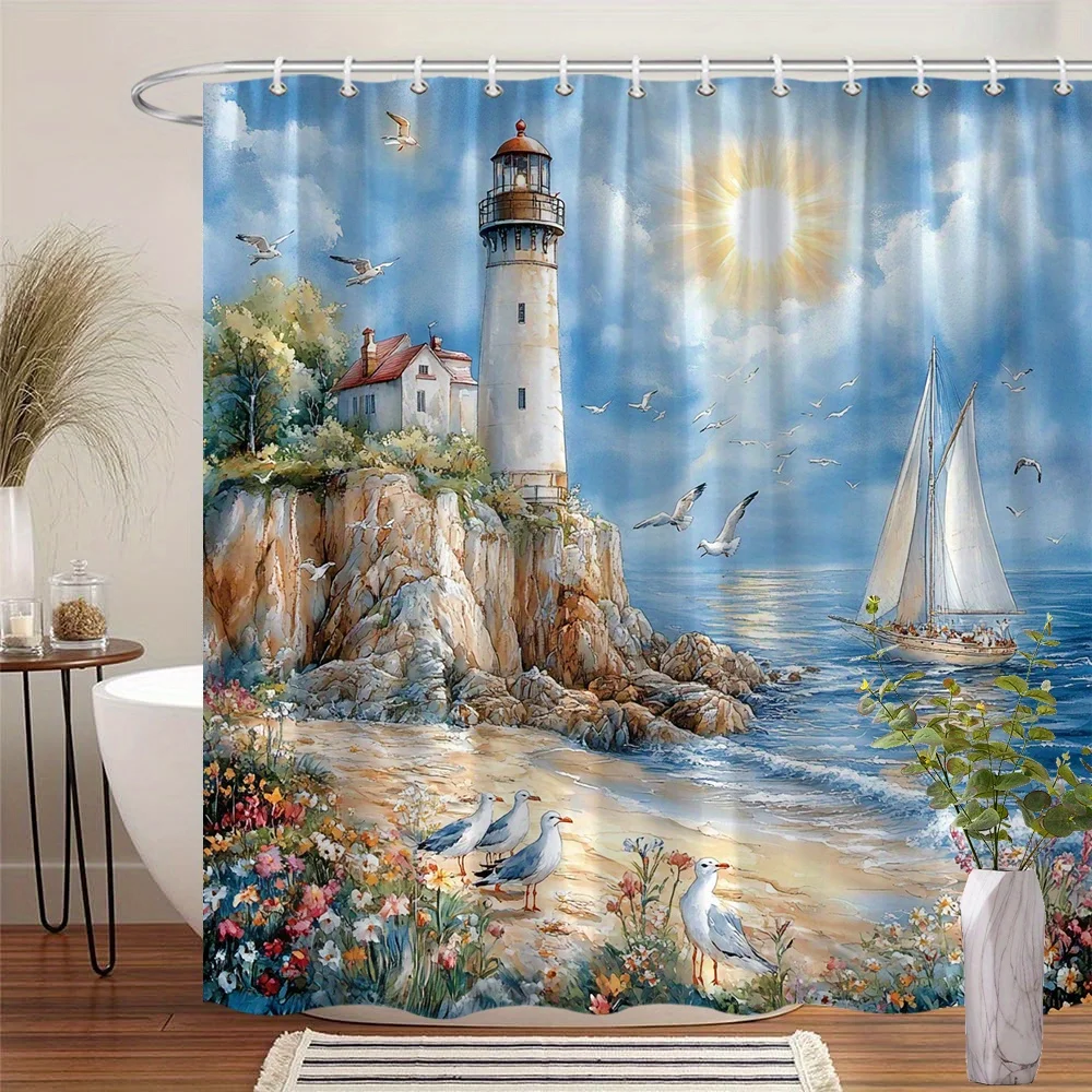 A Coastal Serenity Shower Curtain: Transform Your Bathroom into a Peaceful Haven with This Stunning Design Featuring a Lighthous