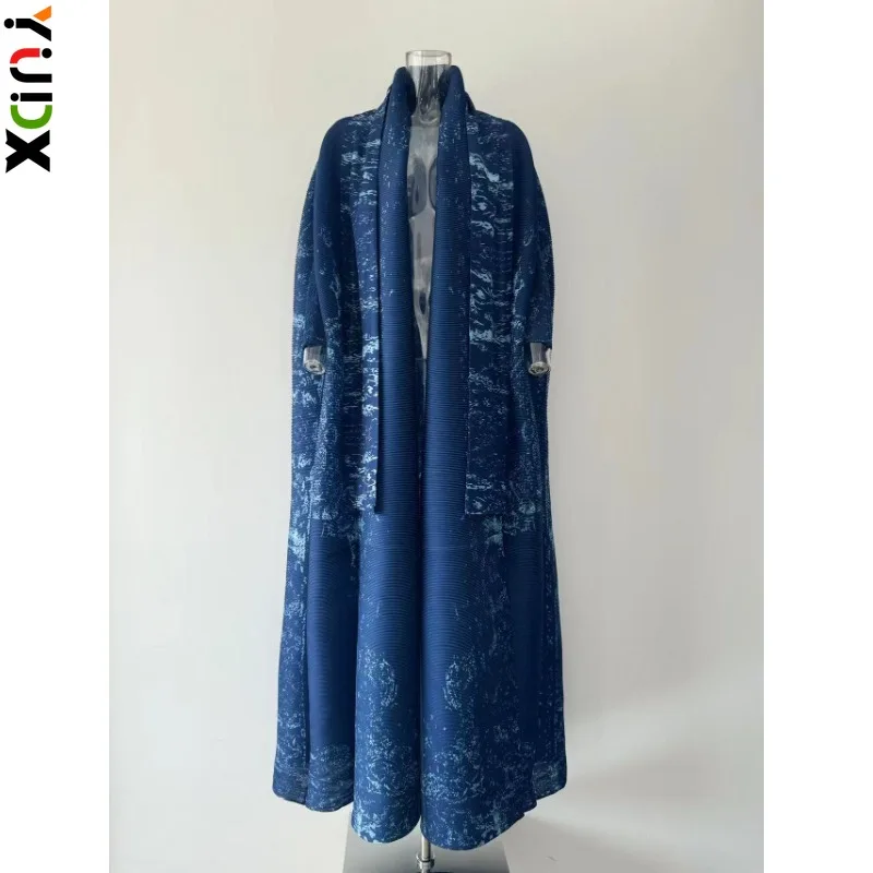 YUDX Miyake Pleated Classic Women's Long Gown Loose Plus Size Long Sleeve Tie Design Trench Vintage Printed Dress 2024 Summer