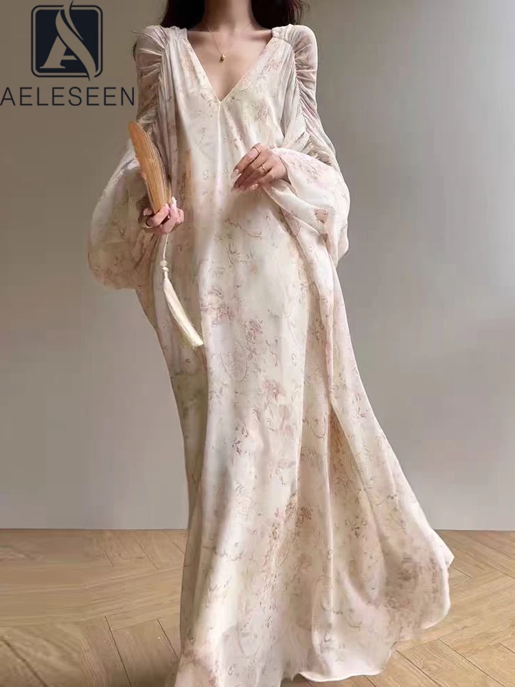 AELESEEN Vintage Long Autumn Loose Dress Women Designer Fashion Lantern Sleeve V-Neck Floral Print Holiday Vacation Party