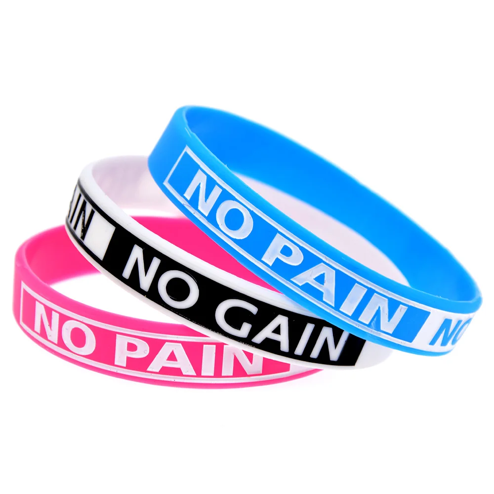 No Pain No Gain Silicone Rubber Wristband 1/2 Inch Wdie Bracelet Adult Size 4 Pcs