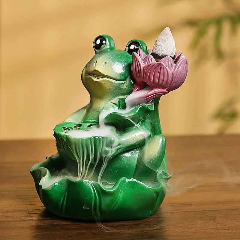 1pc, Handcrafted Resin Backflow Incense Burner with Lotus Leaf and Frog Design - Home Decor Gift (Without Incense)