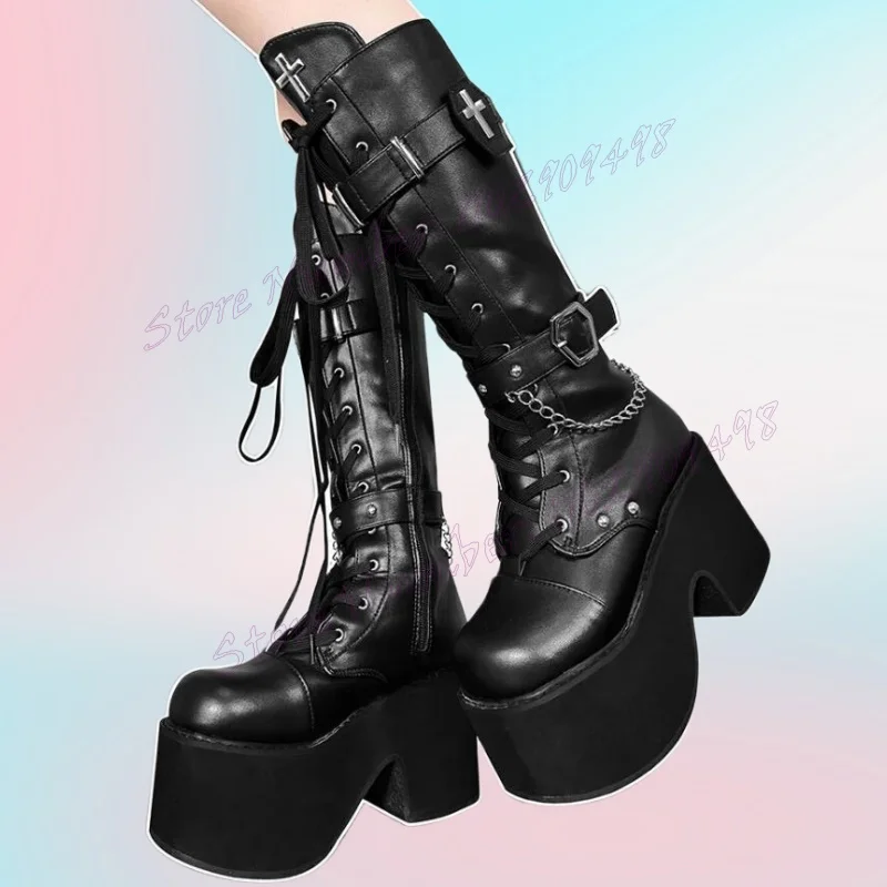 

Black Strappy Buckle Platform Punk Boots Lace Up Round Toe Shoes for Women Knee High Chunky Heels Shoes 2024 Zapatos Para Mujere