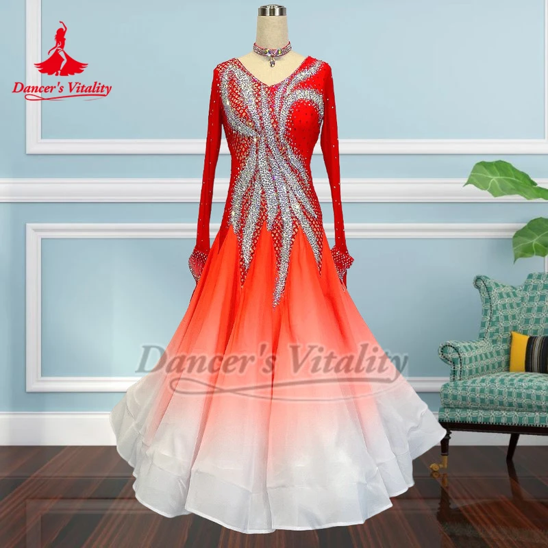 Valse adulte femme rouge-blanc dégradé couleurs AB pierres robes de compétition avec collier luxueux personnaliser la vitalité du danseur