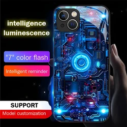 Luxury Blue Chip Pattern Luminous Glass LED Call Light Up Flash Phone Case Cover For iPhone Air 17 16 E 15 14 13 12 Pro Max Plus