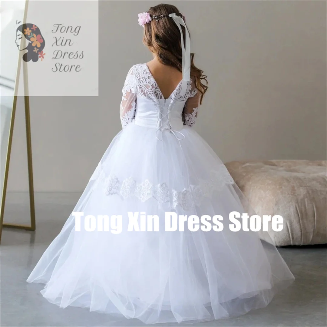 Customized White Tulle Pearls Belt Long Sleeve Flower Girl Dresses Lace Appliques For Wedding Birthday Party Holy Communion Gown