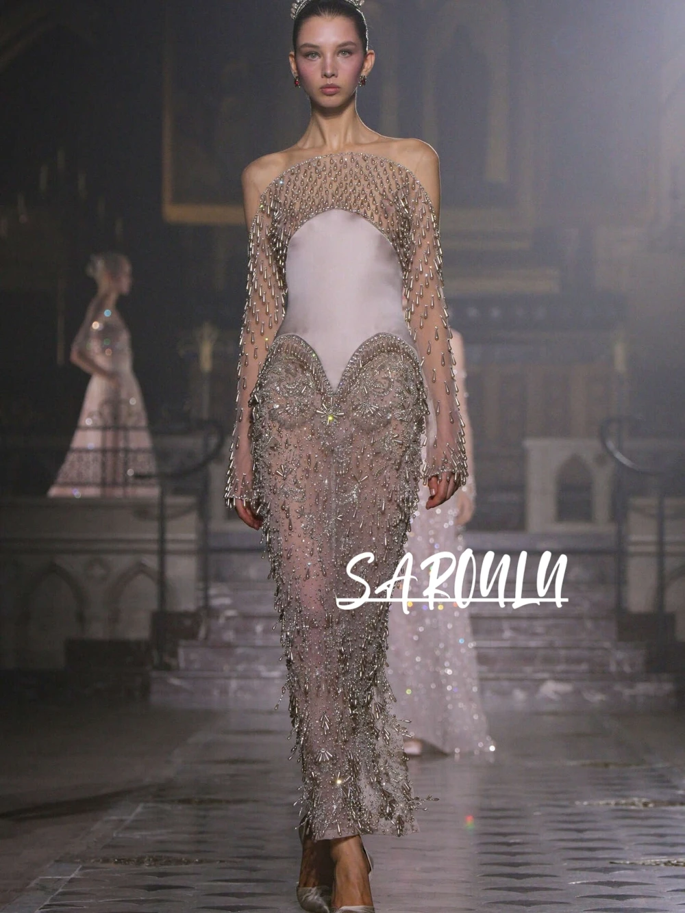 

Shiny Waterdrop Beaded Off Shoulder Evening Gown Women Sheer Mesh Luxury Corset Formal Dress For Wedding Guest Customized