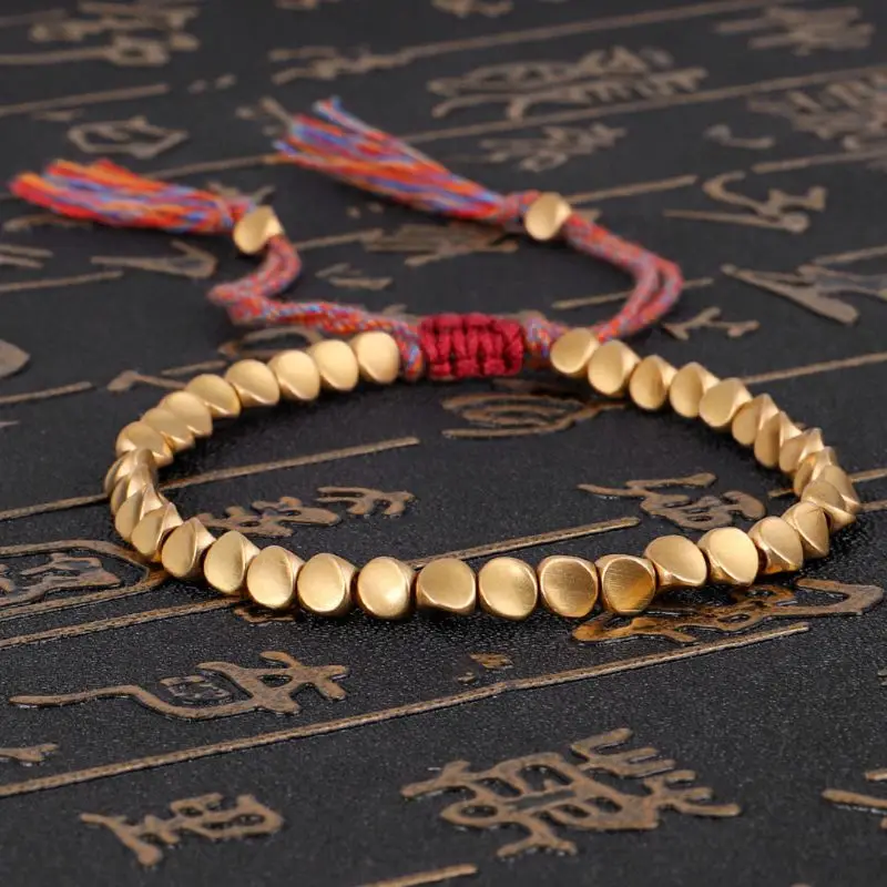 Handmade Tibetan Copper Bead Bracelet Buddhist Braided Cotton Luck Rope Bracelet for Protection Good Luck Success Amulet