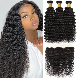 Pacotes de cabelo humano de onda profunda com extensões para mulheres, tecelagem brasileira, 13x4 HD Lace Frontal, 3 Pacotes