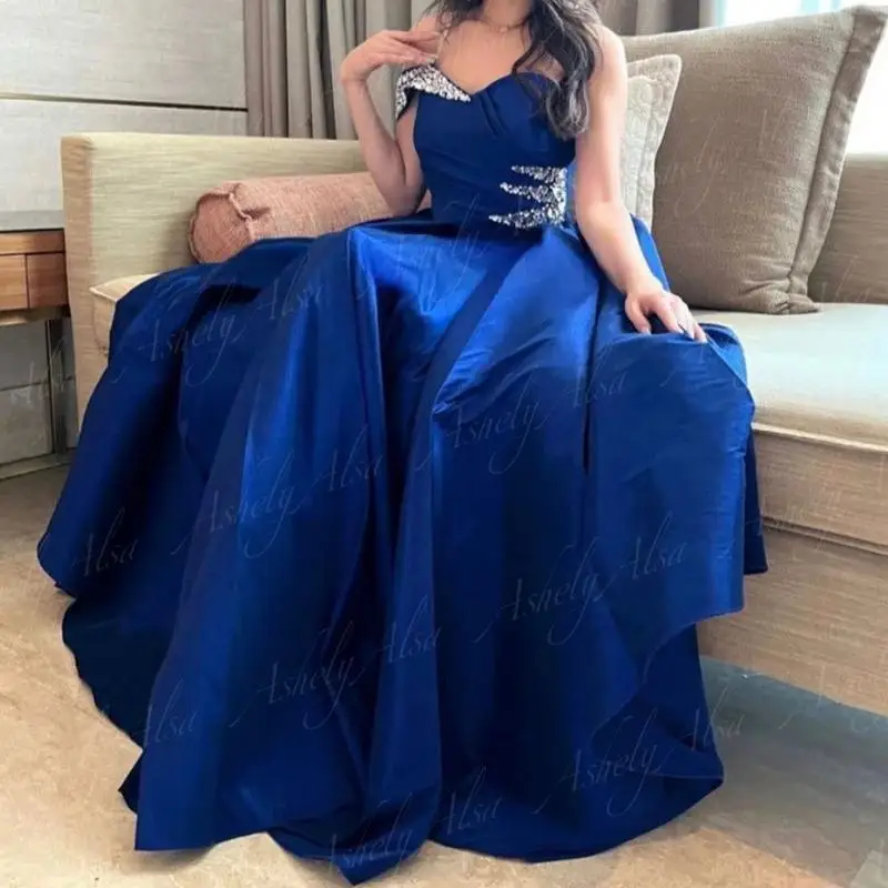 Elegant Blue Evening Dresses For Women One Shoulder Beaded A Line Satin Long Prom Occasion Dress Weddidng Party Vestido De Noche