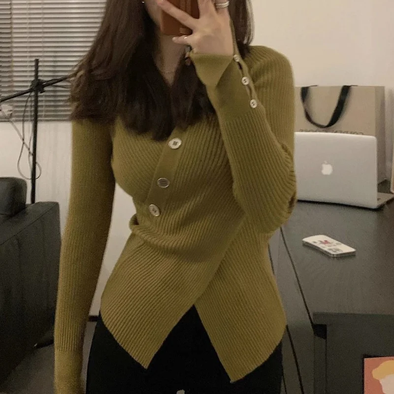 Women Autumn Winter New Irregular V-neck Sweater Trendy Sweet Waist Slim Fit Pullover Knit Shirt Solid Button Long Sleeved Tops