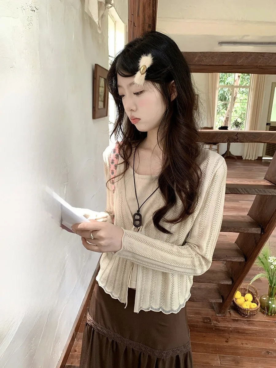 

Holli Korean Sle Simple Ele Hollow out Belted Knitwear Women's Top New 2025 Sweet Sle Loose Fit Long Sve round Ne