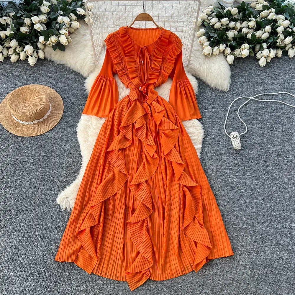 

Long Dress Women Dresses A Line Vestidos Y2k Streetwear V Neck Full Sleeve Ruffles Bow Elegant Splice Party Night Work 2026