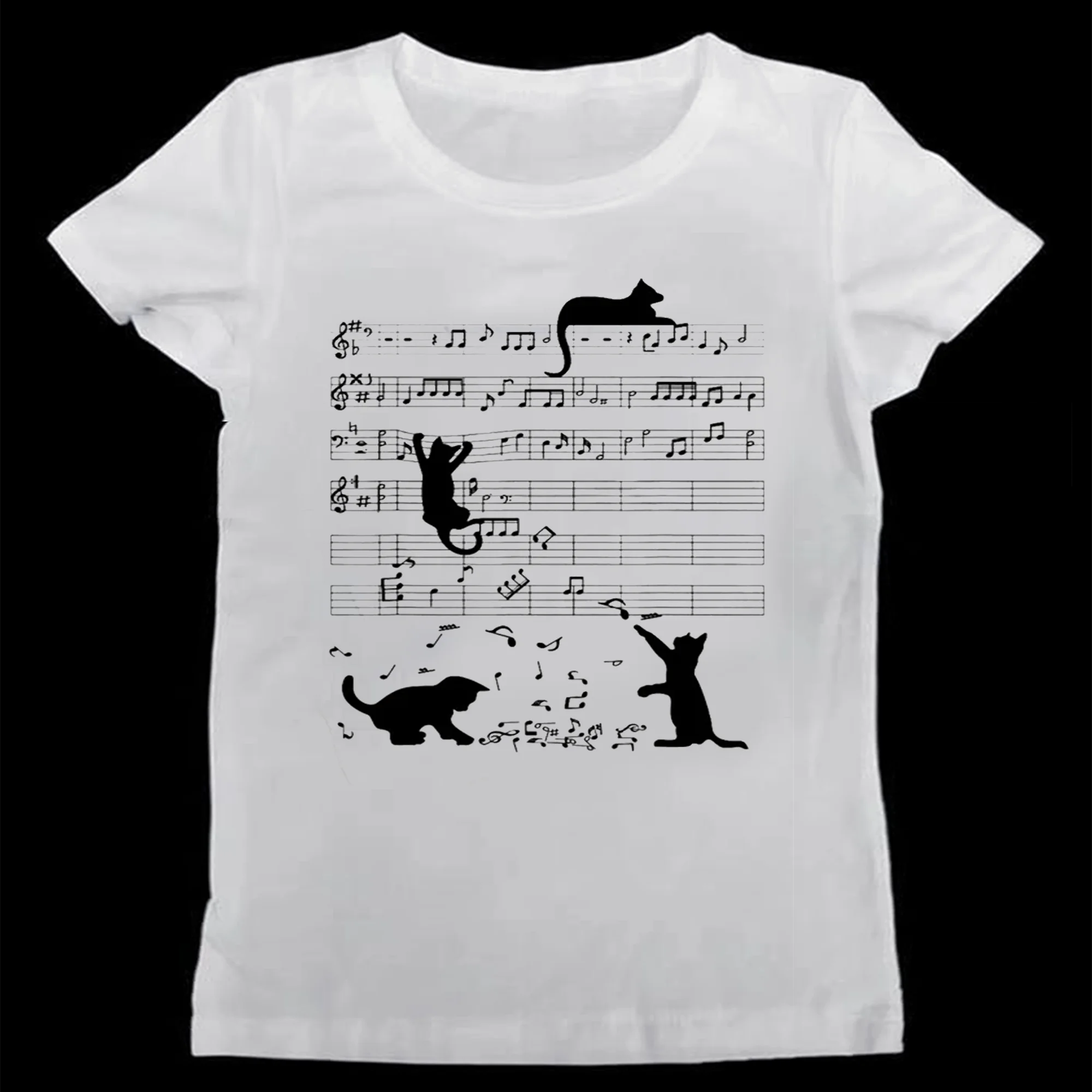 Lustiges Katzen-T-Shirt mit Musiknoten und Musikschlüssel, Grafik, Y2k Streetwear, Kurzarm, Geburtstagsgeschenke, Klavier, Damen, Sommer-Top – Detail 4