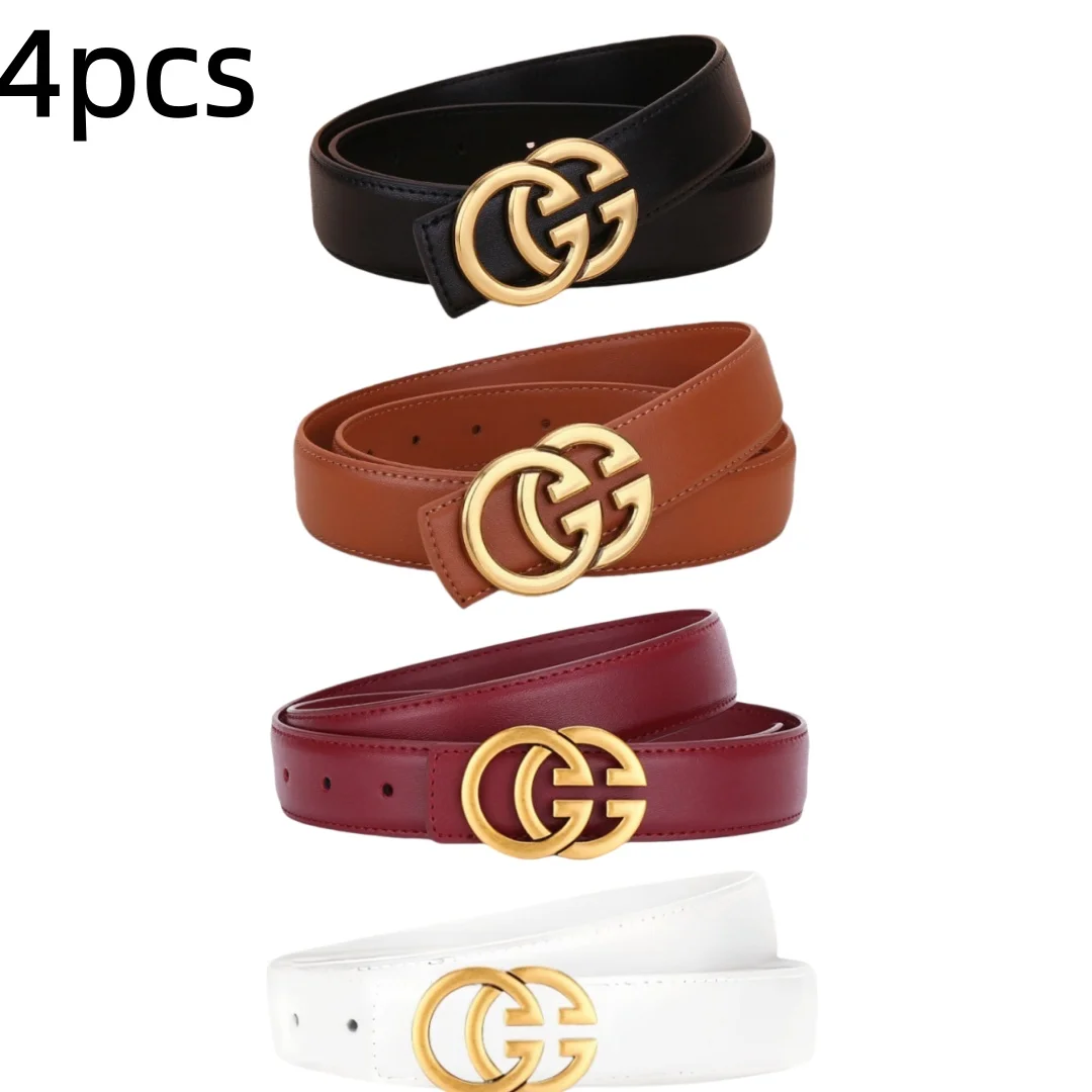 4Pcs Women Stylish PU Waistband Elegant Double‑Ring Metal Buckle Multi‑Color Belt For Dress Jeans Daily Wear Clothing Decoration