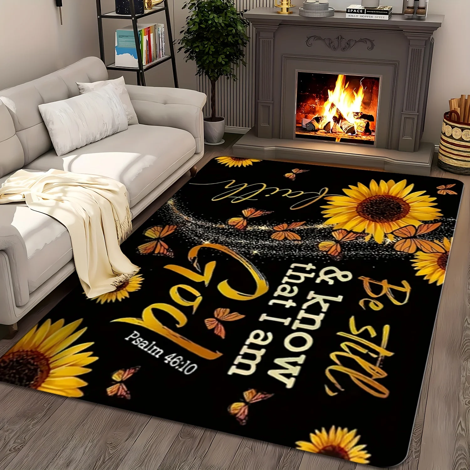Inspirational Christian Scripture Sunflower Area Rug Boho Living Room Decor Mat Psalm 46:10 Bible Verse Spiritual Home Accent
