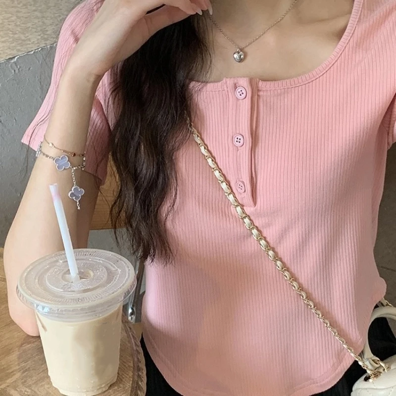 

Y2k Korean Sweet Tee Casual Slim Fit Women's T-Shirt Summer Crew Neck Short Sleeve T-shirts Women Solid Button Simple Tops Tees
