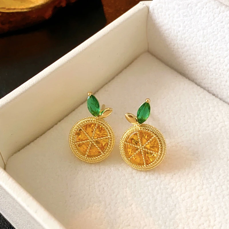 1Pair Fashion Sweet Creative Fresh Orange Lemon Earrings Delicate Rhinestone Fruit Stud Earrings For Women Fine Jewelry Gifts