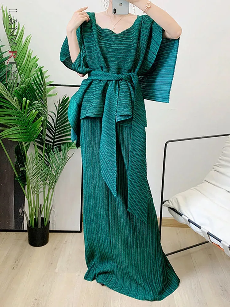 LANMREM 2 Pieces Pleated Skirt Set For Women Batwing Sleeves Loose Top With Long Length Skirts Female Elegant Clothing 2R3821