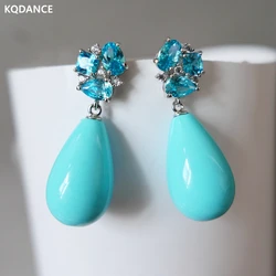 KQDANCE  Hand Craft Women Blue Zircon Stone and Turquoise Long Tear Drop Earrings with 925 Silver Needle Jewelry New 2023 Trendy