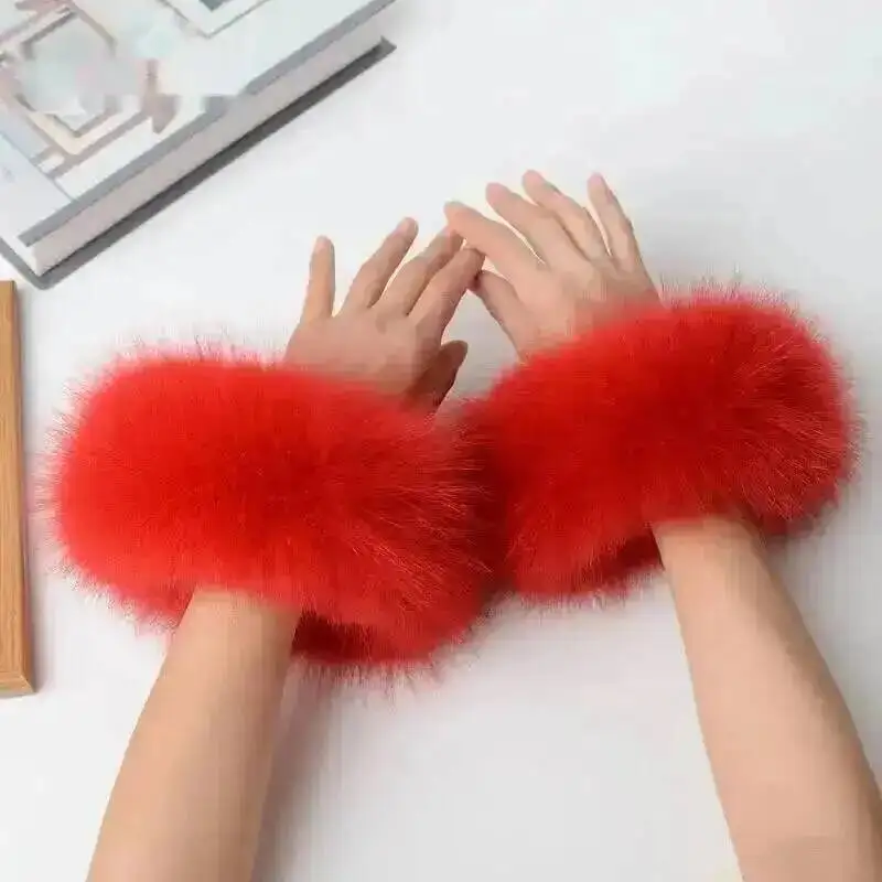 Women 100% Real Fox Fur Wrist Cuffs Winter Warmer White Arm Warmers Covers Luxury Natural Fashion Lady Detachable Sleeves