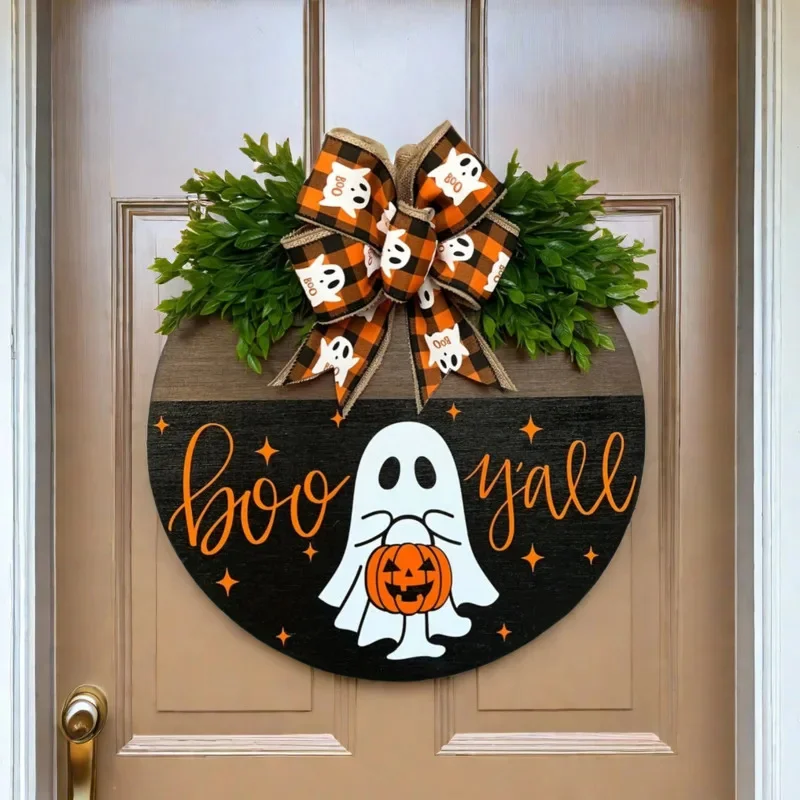 15 Inch Halloween Ghost And Pumpkin Wreath Perfect for Housewarming Gift Wooden Round Board Front Door Number Craft Decoration