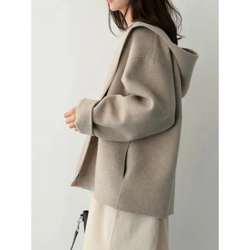 Hooded Woolen Coat Women Autumn Winter New Korean Edition Version Loose Solid Color Fashion Casual Wool Jacket Y2k Streetwear