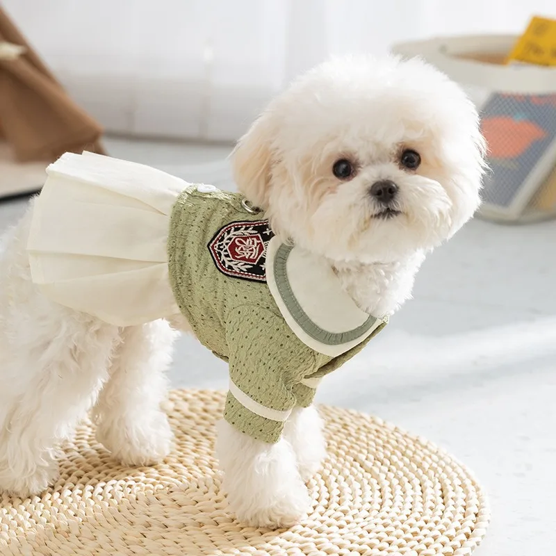 College Style Pet Skirt Bowtie Dog Clothes Small Dog Traction Summer Teddy Cute Dress Puppy Breathable Pullover